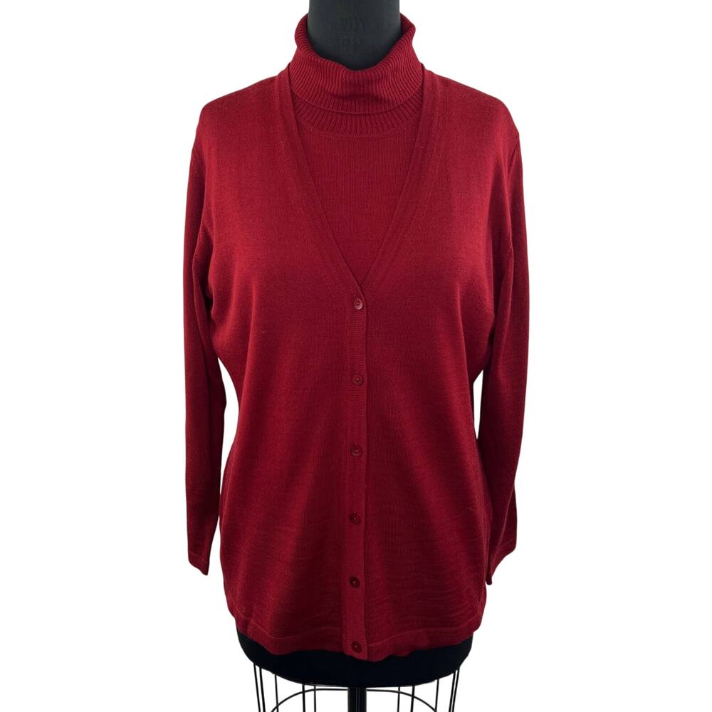 MARINA RINALDI 2-Piece Twin Set Red Wool Acrylic Turtleneck Sweater & Cardigan M